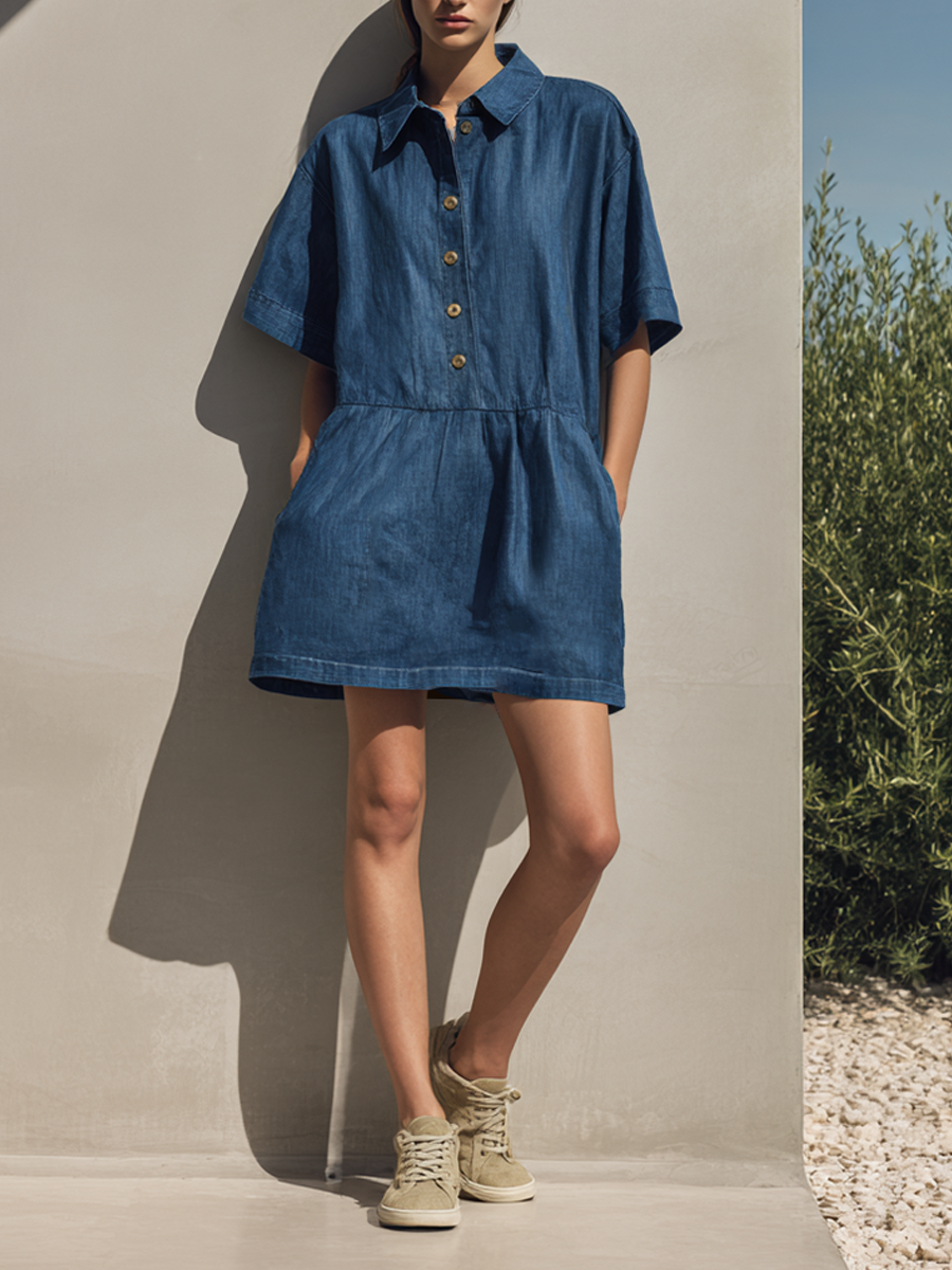 Women's Minimalist Denim-Style Button-Front Short-Sleeve Mini Dress MDZ0982E2ZRK