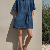 Women's Minimalist Denim-Style Button-Front Short-Sleeve Mini Dress MDZ0982E2ZRK