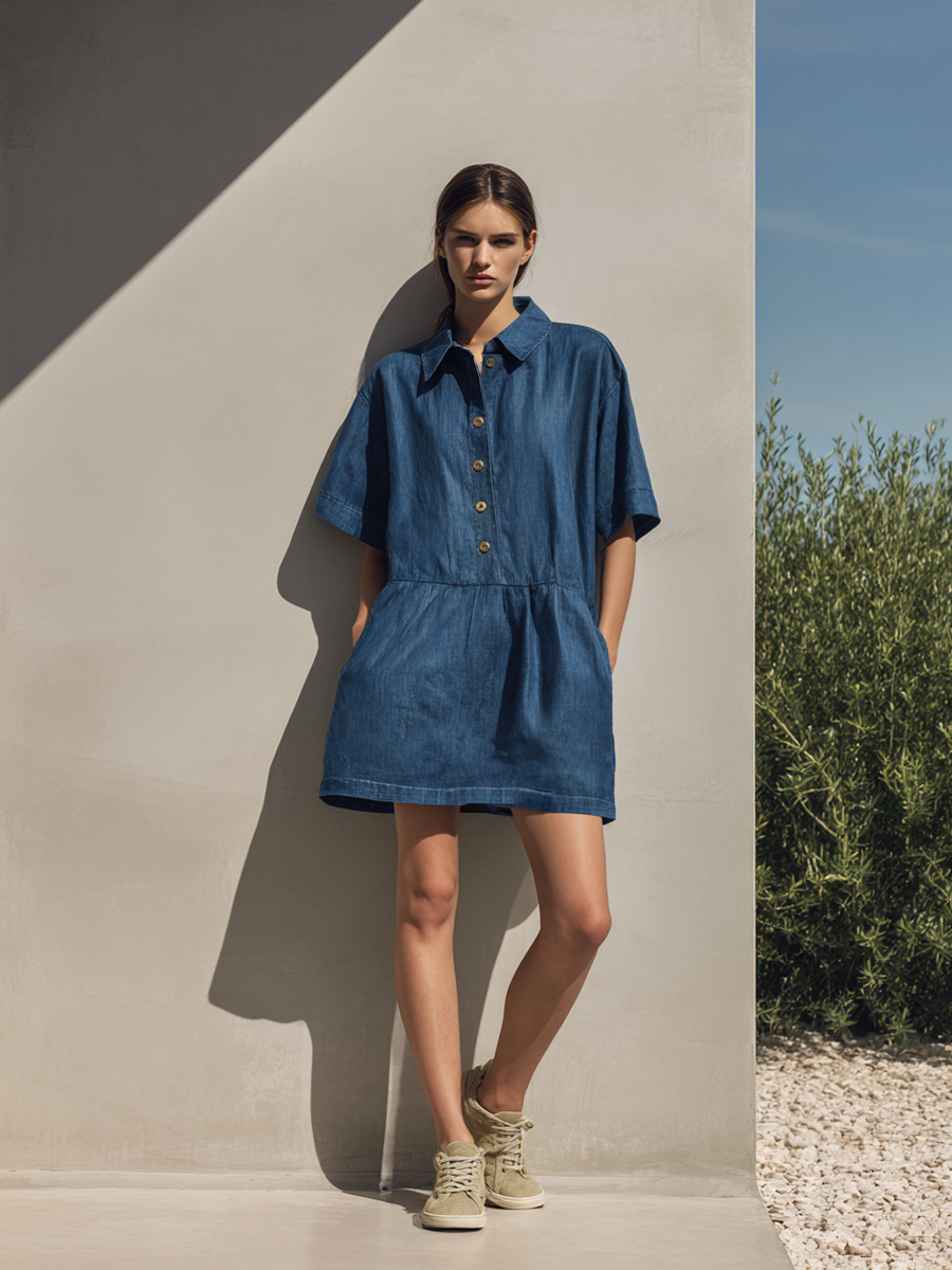 Women's Minimalist Denim-Style Button-Front Short-Sleeve Mini Dress MDZ0982E2ZRK