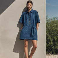 Women's Minimalist Denim-Style Button-Front Short-Sleeve Mini Dress MDZ0982E2ZRK