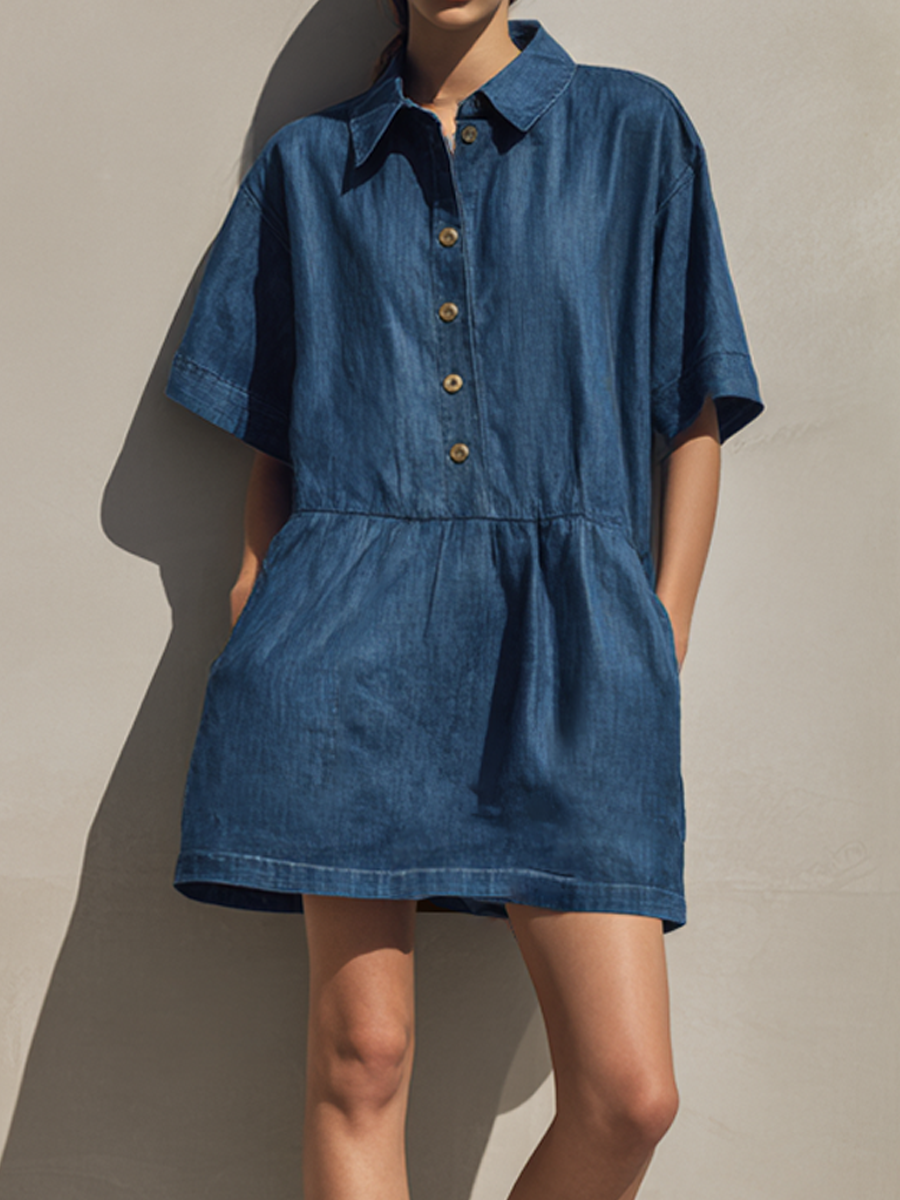 Women's Minimalist Denim-Style Button-Front Short-Sleeve Mini Dress MDZ0982E2ZRK