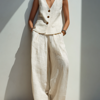 Women's Minimalist Cotton-Linen Blend Button-Front Vest And Wide-Leg Pants Set MDZ0976E3ZRK