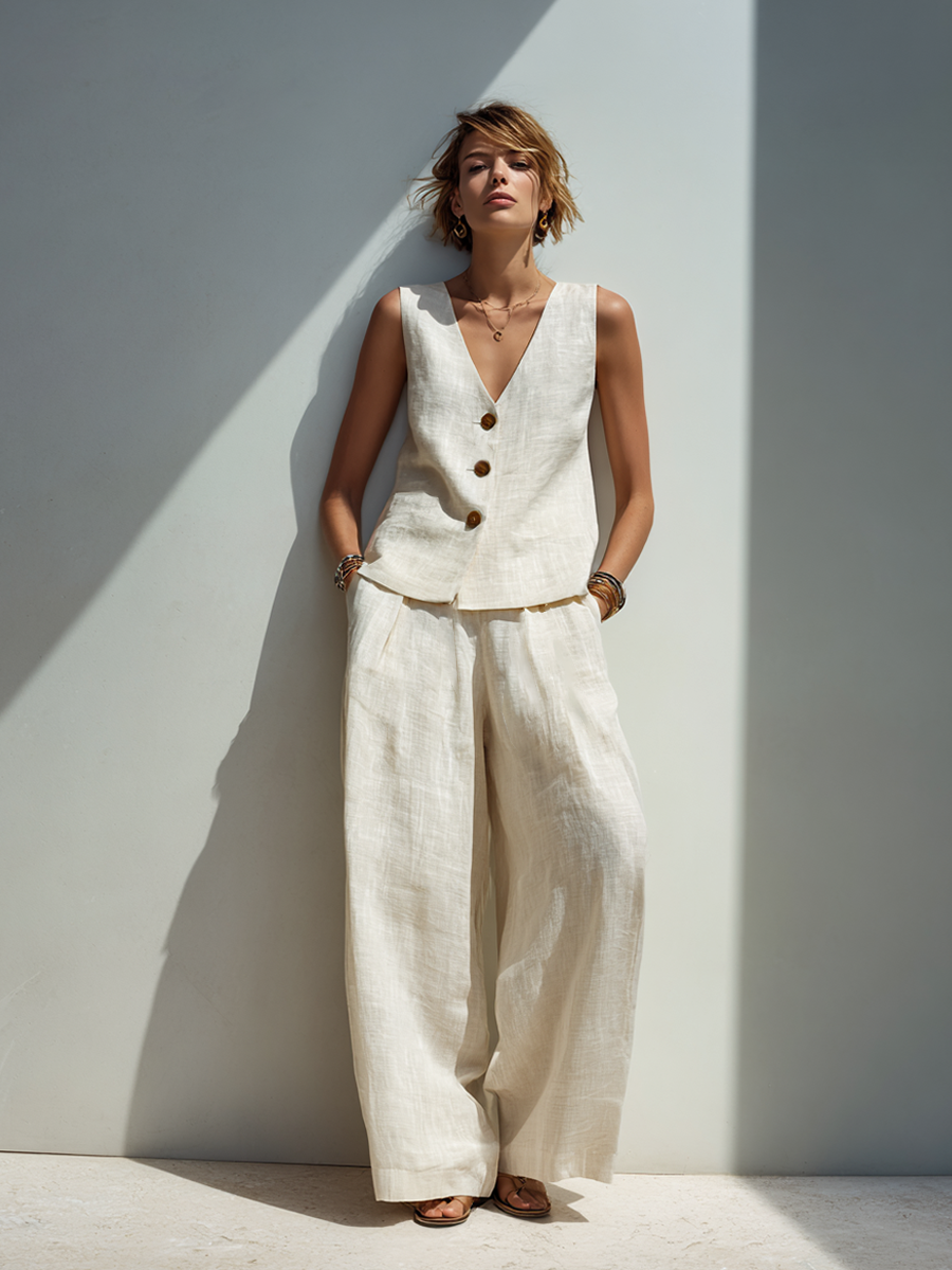 Women's Minimalist Cotton-Linen Blend Button-Front Vest And Wide-Leg Pants Set MDZ0976E3ZRK