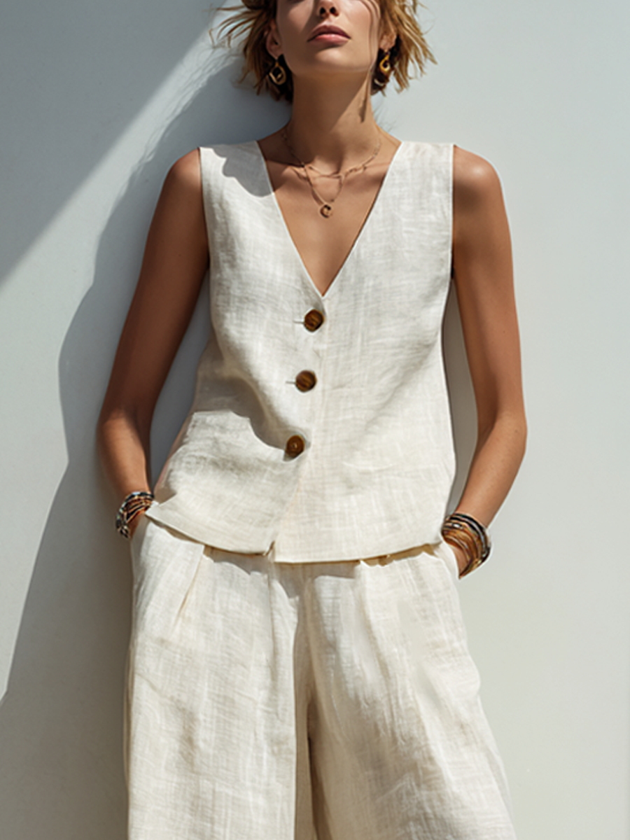 Women's Minimalist Cotton-Linen Blend Button-Front Vest And Wide-Leg Pants Set MDZ0976E3ZRK