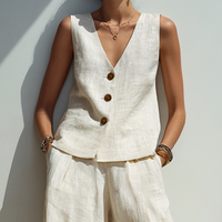 Women's Minimalist Cotton-Linen Blend Button-Front Vest And Wide-Leg Pants Set MDZ0976E3ZRK
