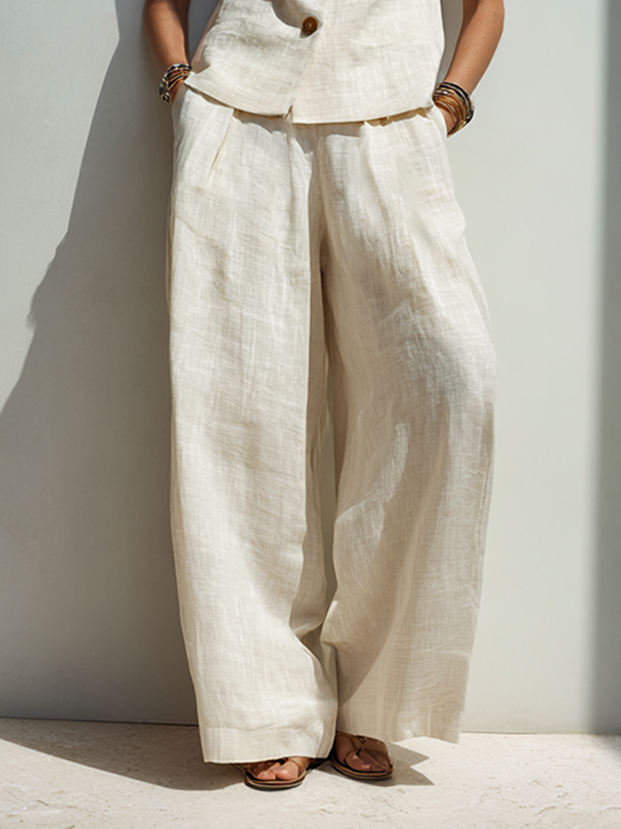 Women's Minimalist Cotton-Linen Blend Button-Front Vest And Wide-Leg Pants Set MDZ0976E3ZRK