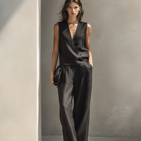Women's Simple Linen-Blend Sleeveless V-Neck Top & Wide-Leg Pants Set MDZ0931E3ZRK