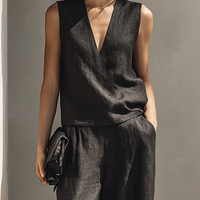 Women's Simple Linen-Blend Sleeveless V-Neck Top & Wide-Leg Pants Set MDZ0931E3ZRK