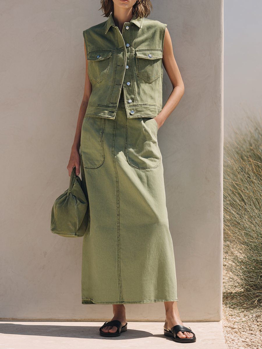 Women's Casual Washed Denim Sleeveless Vest And Maxi Skirt Set MDZ0975E2ZRK
