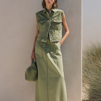 Women's Casual Washed Denim Sleeveless Vest And Maxi Skirt Set MDZ0975E2ZRK