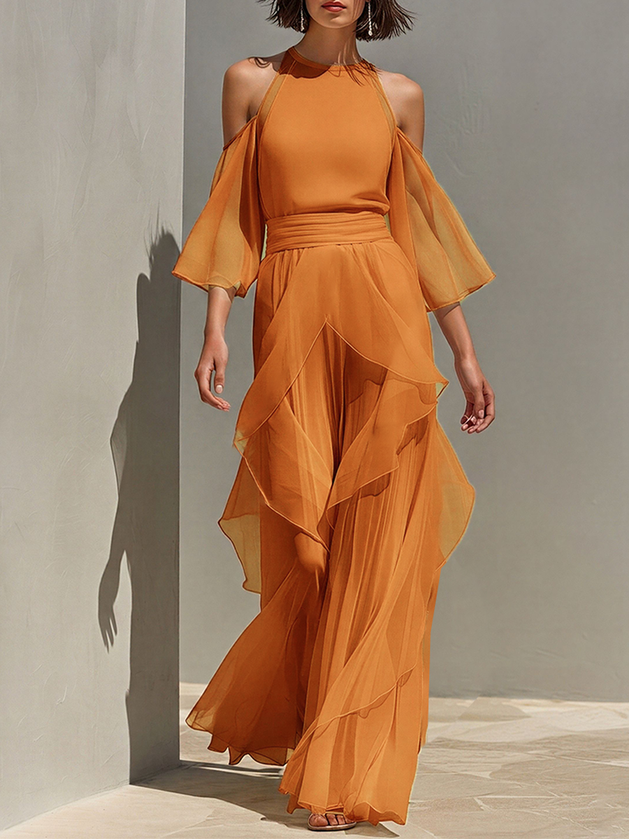 Women's Tangerine Chiffon Set With Cold Shoulder & Tiered Ruffle Detail, Timeless Romantic Evening Outfit MDZ0940E8LYL