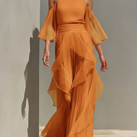 Women's Tangerine Chiffon Set With Cold Shoulder & Tiered Ruffle Detail, Timeless Romantic Evening Outfit MDZ0940E8LYL