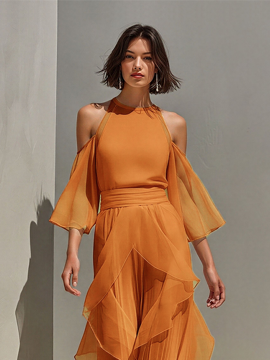 Women's Tangerine Chiffon Set With Cold Shoulder & Tiered Ruffle Detail, Timeless Romantic Evening Outfit MDZ0940E8LYL