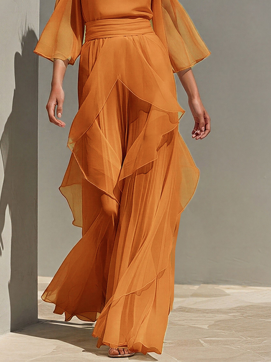 Women's Tangerine Chiffon Set With Cold Shoulder & Tiered Ruffle Detail, Timeless Romantic Evening Outfit MDZ0940E8LYL