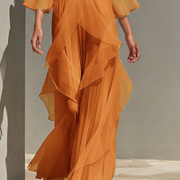 Women's Tangerine Chiffon Set With Cold Shoulder & Tiered Ruffle Detail, Timeless Romantic Evening Outfit MDZ0940E8LYL