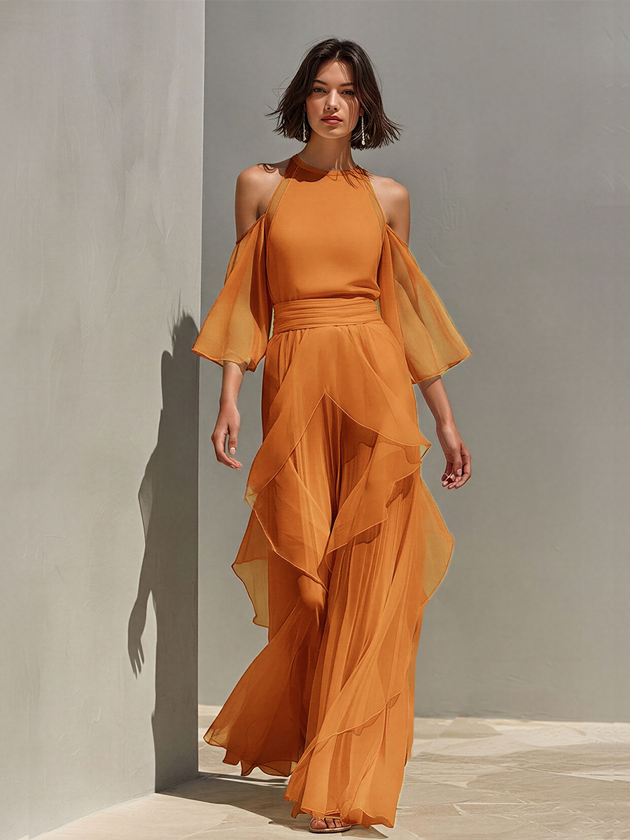 Women's Tangerine Chiffon Set With Cold Shoulder & Tiered Ruffle Detail, Timeless Romantic Evening Outfit MDZ0940E8LYL