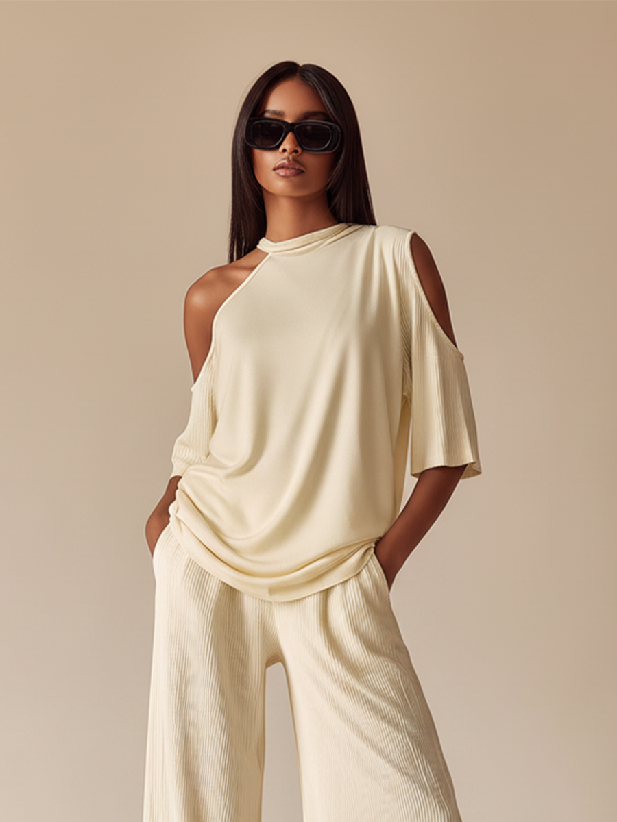 Women's Off-White Ribbed Co-Ord Set With Asymmetric Neckline & Slit Pants, Timeless Minimalist Casual Outfit MDZ0989E5LYL