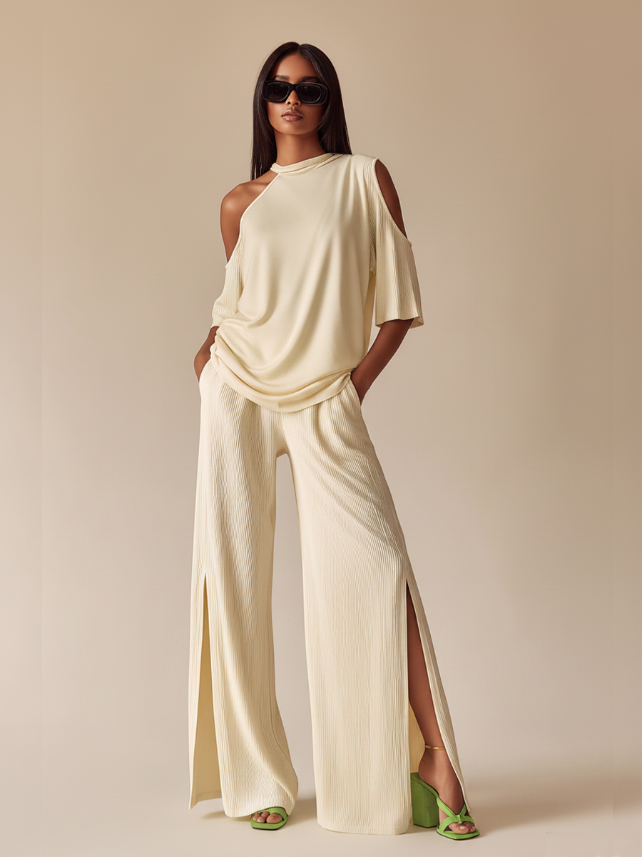 Women's Off-White Ribbed Co-Ord Set With Asymmetric Neckline & Slit Pants, Timeless Minimalist Casual Outfit MDZ0989E5LYL