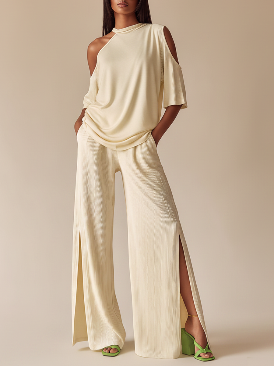 Women's Off-White Ribbed Co-Ord Set With Asymmetric Neckline & Slit Pants, Timeless Minimalist Casual Outfit MDZ0989E5LYL
