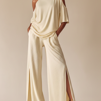 Women's Off-White Ribbed Co-Ord Set With Asymmetric Neckline & Slit Pants, Timeless Minimalist Casual Outfit MDZ0989E5LYL