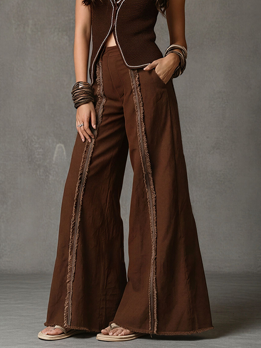 Women's Dark Brown Sleeveless Vest & High-Waisted Fringe Pants Set With V-Neck, Contemporary Boho Vacation Outfit MDZ0926E9LYL