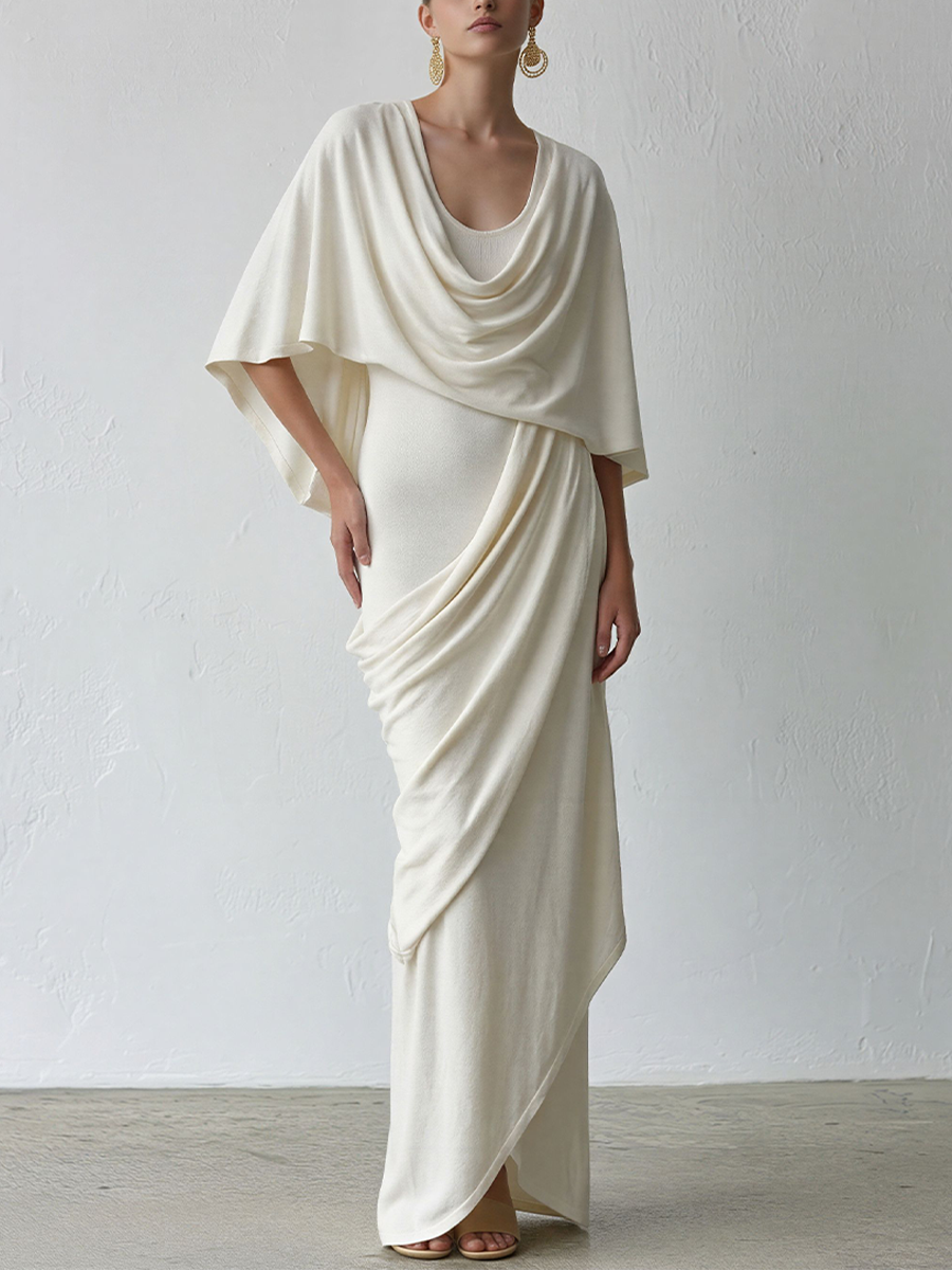 Women's Ivory Knit Wrap-Style Maxi Dress With Cowl Neck Cape & Ruched Side, Contemporary Sophisticated Cocktail Dress MDZ0944E9LYL