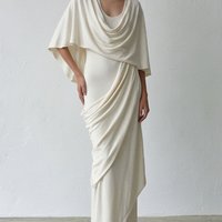 Women's Ivory Knit Wrap-Style Maxi Dress With Cowl Neck Cape & Ruched Side, Contemporary Sophisticated Cocktail Dress MDZ0944E9LYL