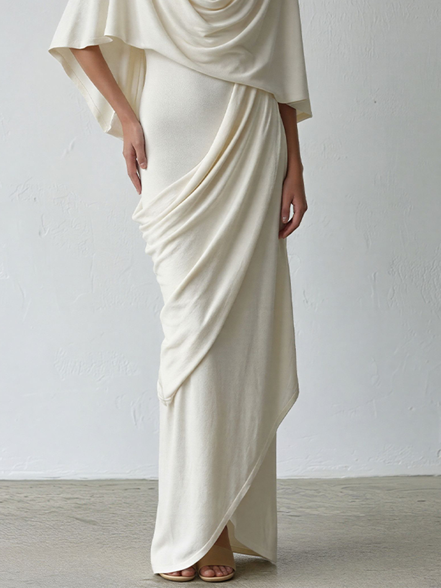 Women's Ivory Knit Wrap-Style Maxi Dress With Cowl Neck Cape & Ruched Side, Contemporary Sophisticated Cocktail Dress MDZ0944E9LYL
