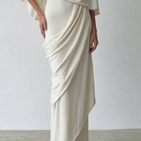 Women's Ivory Knit Wrap-Style Maxi Dress With Cowl Neck Cape & Ruched Side, Contemporary Sophisticated Cocktail Dress MDZ0944E9LYL