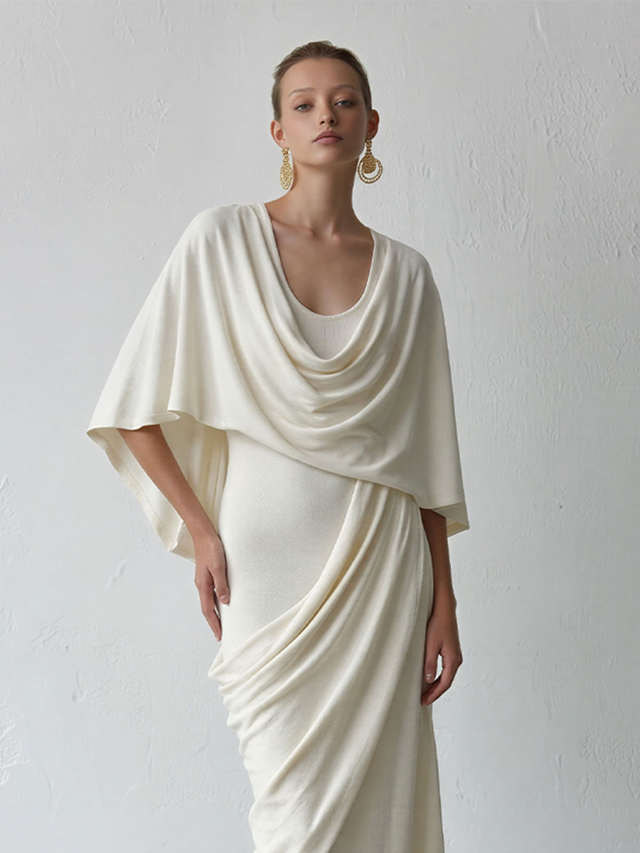 Women's Ivory Knit Wrap-Style Maxi Dress With Cowl Neck Cape & Ruched Side, Contemporary Sophisticated Cocktail Dress MDZ0944E9LYL