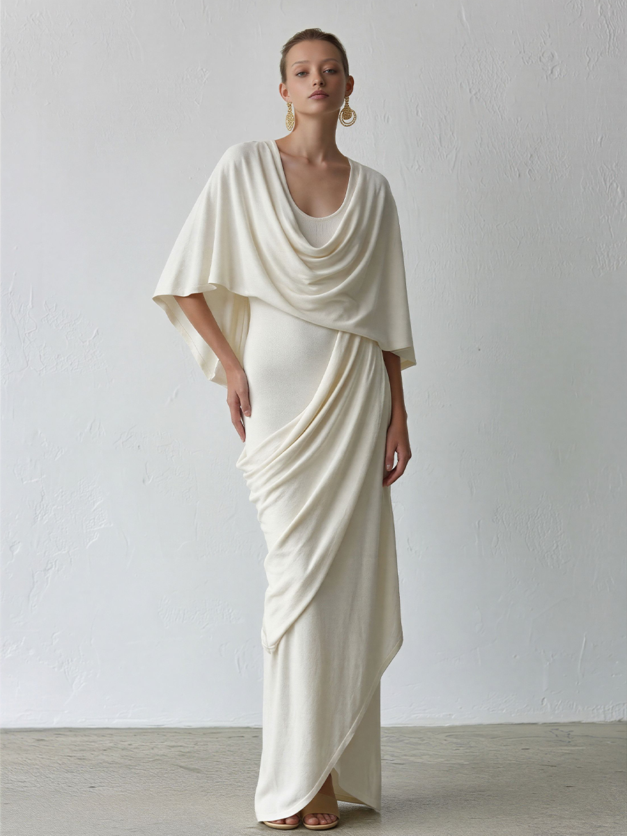 Women's Ivory Knit Wrap-Style Maxi Dress With Cowl Neck Cape & Ruched Side, Contemporary Sophisticated Cocktail Dress MDZ0944E9LYL