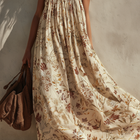 Women's Elegant Resort-Style Beige Floral Chiffon Strappy Sleeveless Maxi Dress MDZ0980E8LXY
