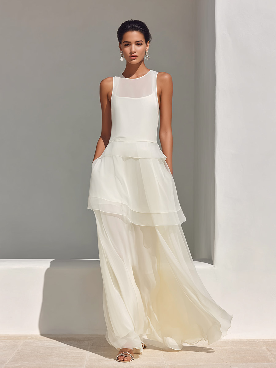 Women's Cream Sheer Chiffon Maxi Dress With Ruffled Tiered Hem & Crew Neck, Contemporary Elegant Evening Dress MDZ0904E5LYL