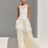 Women's Cream Sheer Chiffon Maxi Dress With Ruffled Tiered Hem & Crew Neck, Contemporary Elegant Evening Dress MDZ0904E5LYL