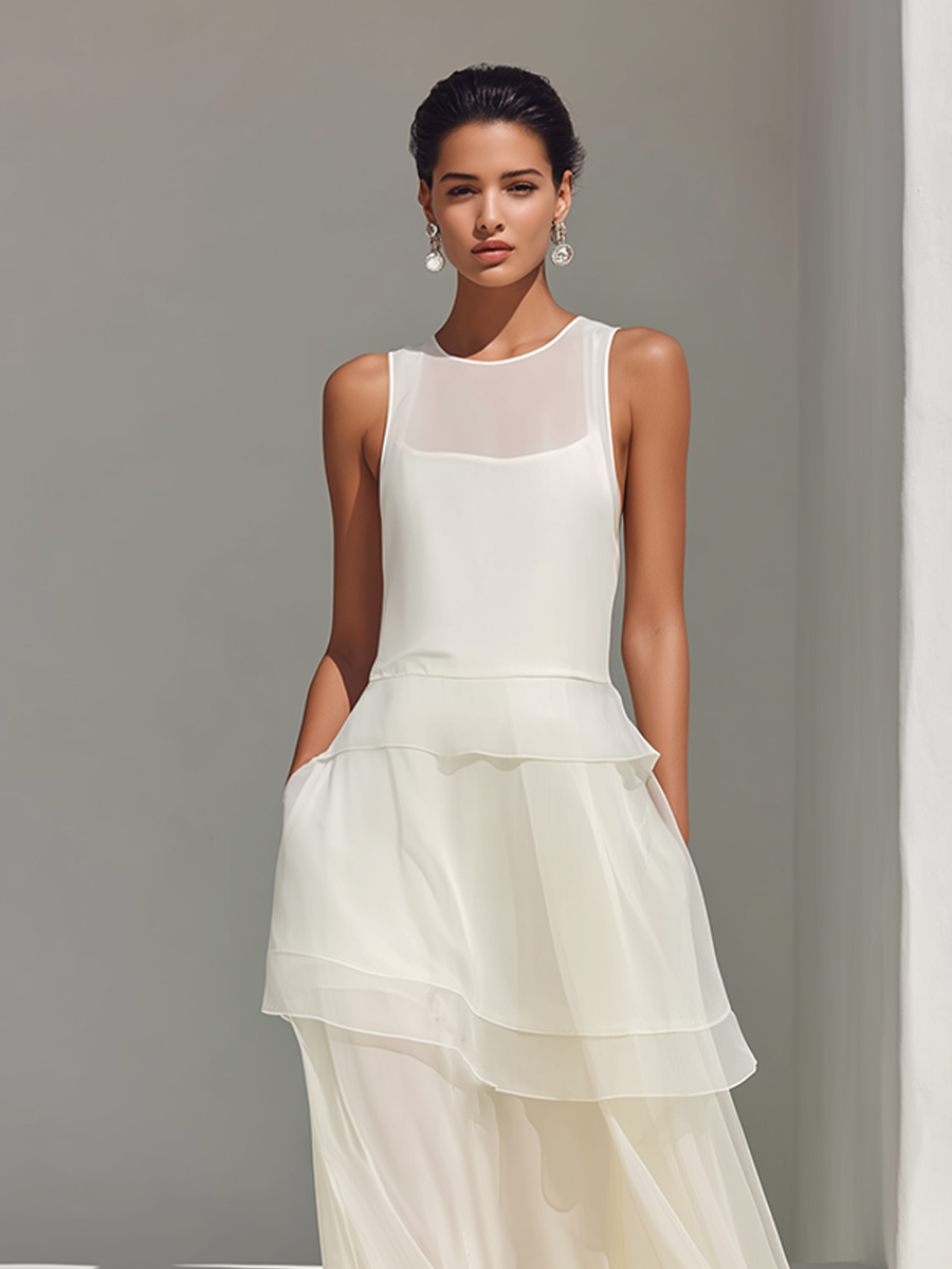 Women's Cream Sheer Chiffon Maxi Dress With Ruffled Tiered Hem & Crew Neck, Contemporary Elegant Evening Dress MDZ0904E5LYL