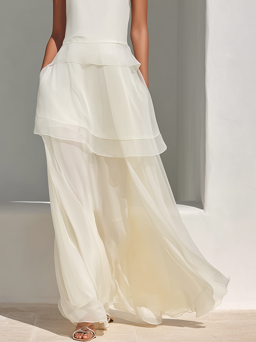 Women's Cream Sheer Chiffon Maxi Dress With Ruffled Tiered Hem & Crew Neck, Contemporary Elegant Evening Dress MDZ0904E5LYL