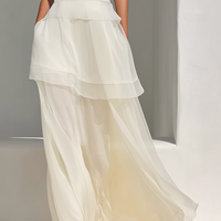 Women's Cream Sheer Chiffon Maxi Dress With Ruffled Tiered Hem & Crew Neck, Contemporary Elegant Evening Dress MDZ0904E5LYL