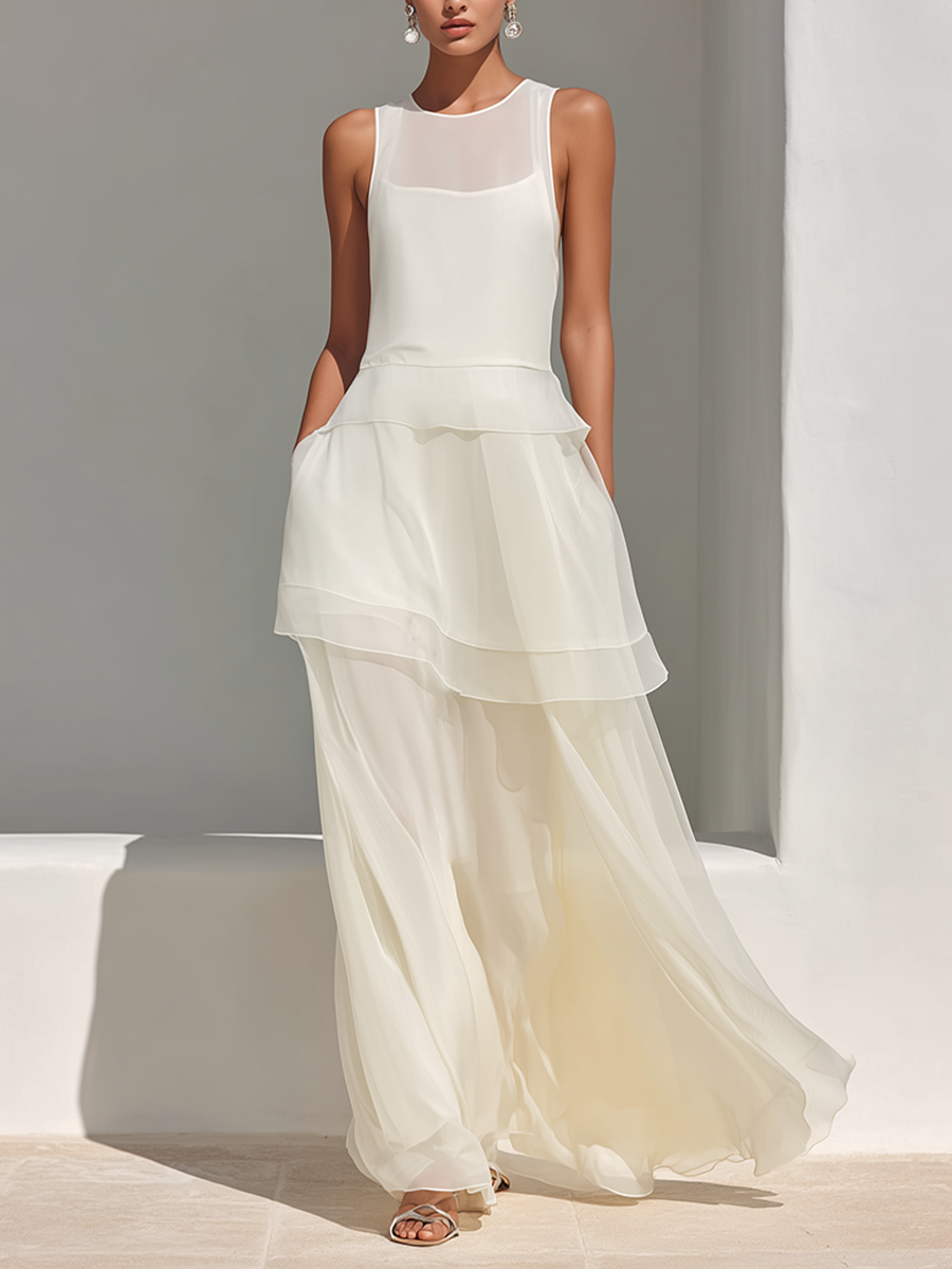 Women's Cream Sheer Chiffon Maxi Dress With Ruffled Tiered Hem & Crew Neck, Contemporary Elegant Evening Dress MDZ0904E5LYL