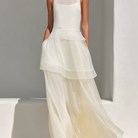 Women's Cream Sheer Chiffon Maxi Dress With Ruffled Tiered Hem & Crew Neck, Contemporary Elegant Evening Dress MDZ0904E5LYL