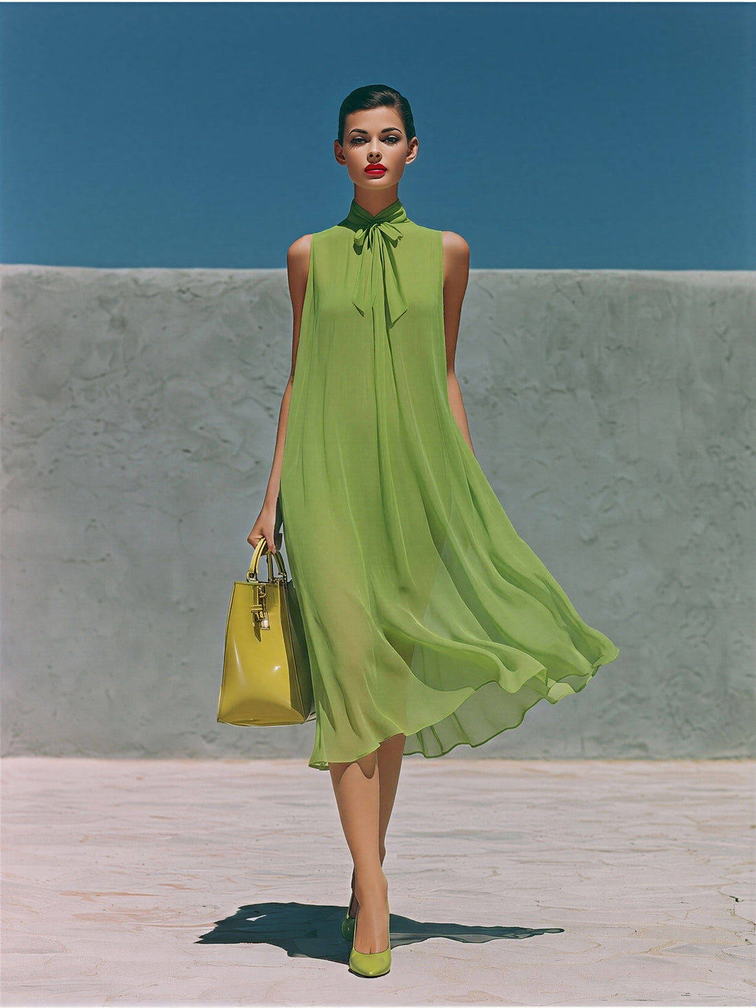Women’s Lime Green Sleeveless Chiffon Midi Dress With Neck Tie Detail MDZ0914E0T