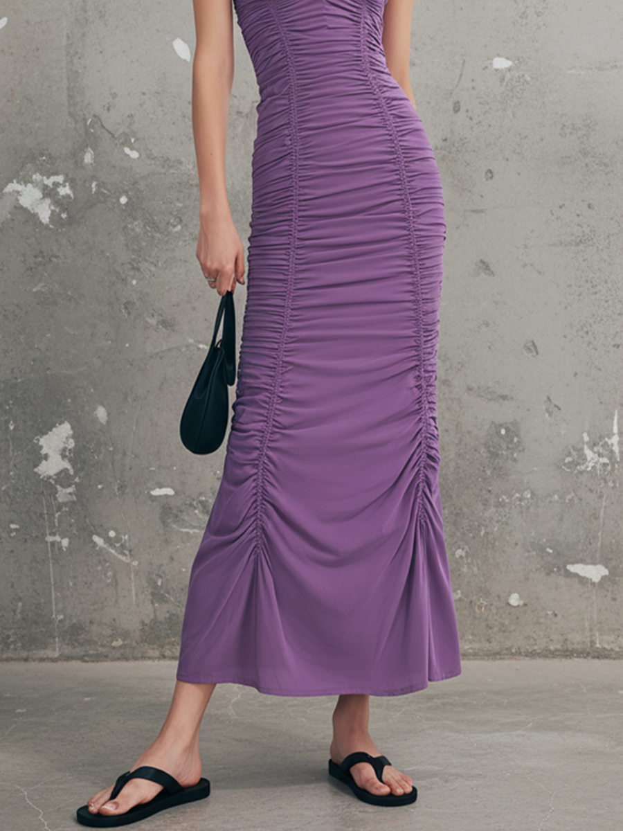 Women's Purple Jersey Maxi Dress With Ruched Front & Spaghetti Straps, Timeless Bodycon Party Dress MDZ0932E2LYL