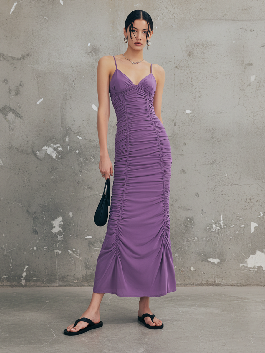 Women's Purple Jersey Maxi Dress With Ruched Front & Spaghetti Straps, Timeless Bodycon Party Dress MDZ0932E2LYL