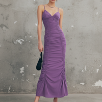Women's Purple Jersey Maxi Dress With Ruched Front & Spaghetti Straps, Timeless Bodycon Party Dress MDZ0932E2LYL