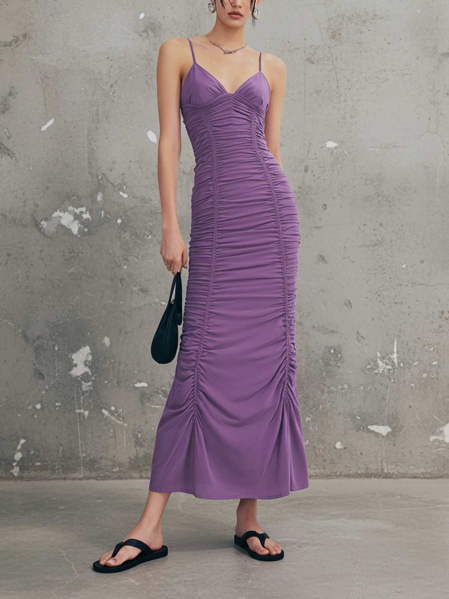 Women's Purple Jersey Maxi Dress With Ruched Front & Spaghetti Straps, Timeless Bodycon Party Dress MDZ0932E2LYL