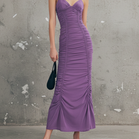 Women's Purple Jersey Maxi Dress With Ruched Front & Spaghetti Straps, Timeless Bodycon Party Dress MDZ0932E2LYL