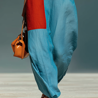 Women’s Blue Linen-Blend Sleeveless Jumpsuit With Red Patch Pockets & Half-Zip Stand Collar MDZ0982E4T