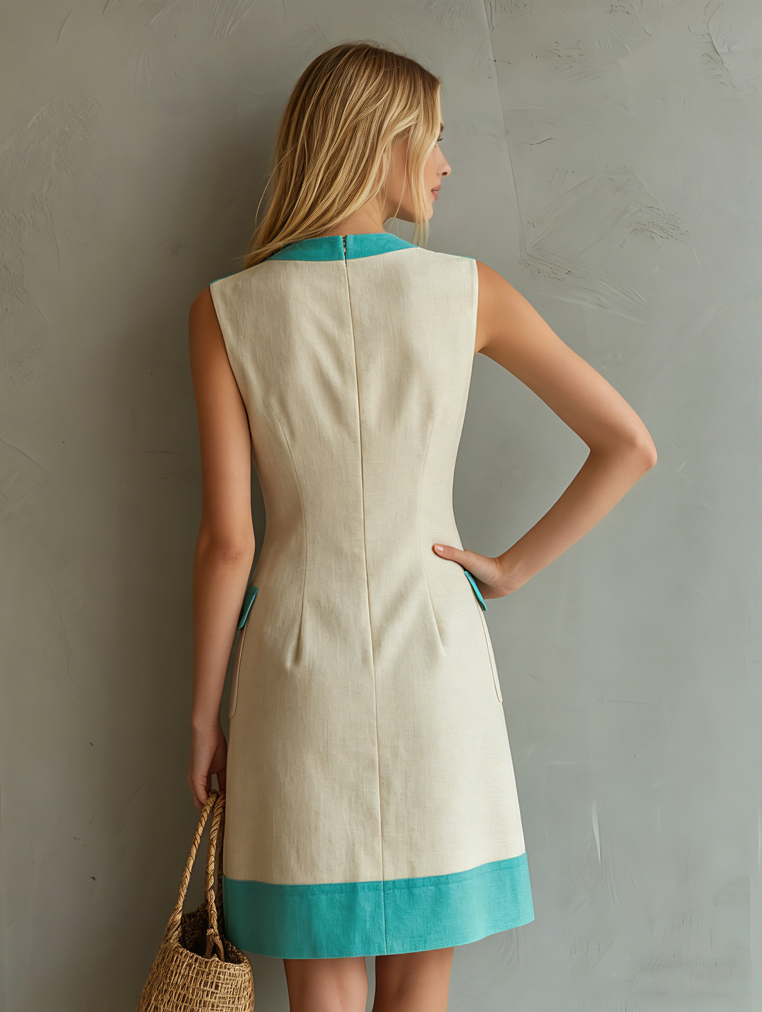 Women's Casual Beige Cotton-Linen Sleeveless V-Neck Mini Dress MDZ0923E3LXY