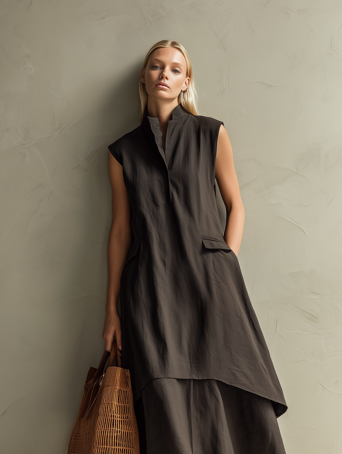 Women's Casual Dark Brown Cotton-Linen Sleeveless Stand-Collar Maxi Dress MDZ0924E1LXY