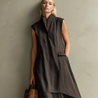 Women's Casual Dark Brown Cotton-Linen Sleeveless Stand-Collar Maxi Dress MDZ0924E1LXY