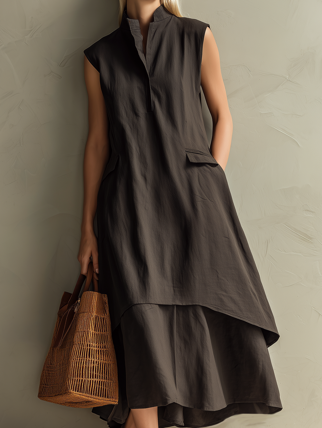 Women's Casual Dark Brown Cotton-Linen Sleeveless Stand-Collar Maxi Dress MDZ0924E1LXY
